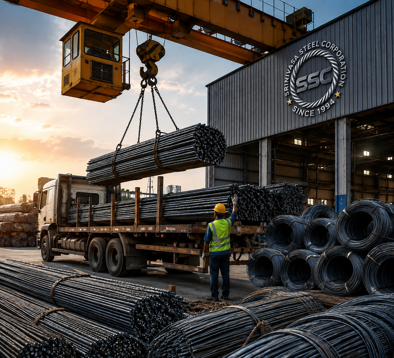 Industrial crane safely handling and loading heavy steel materials